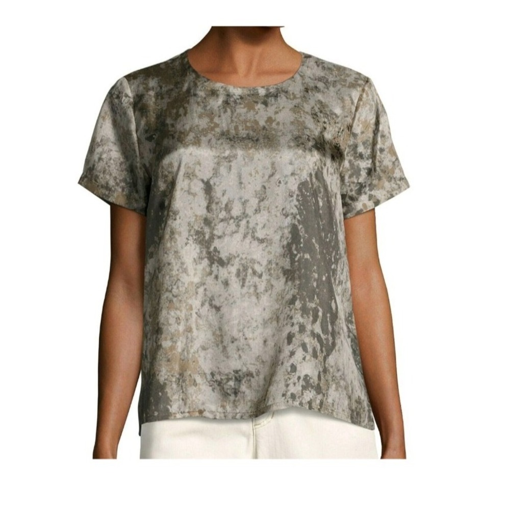 Eileen Fisher 100% Silk Metallic Marbled Blouse Top Short Sleeve Size XXS